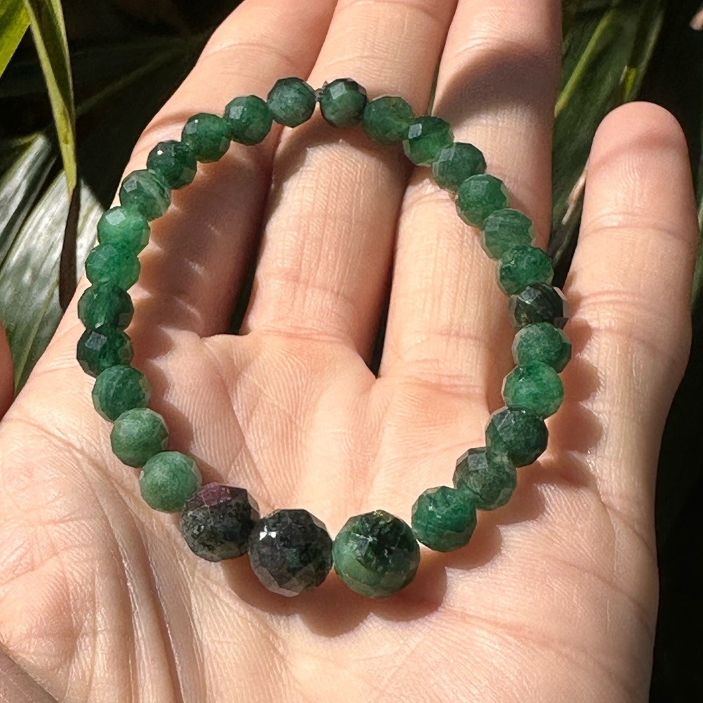 Natural Emerald Faceted Bead Stretch Bracelet Green Pink Boho Gem 6/8mm 7"